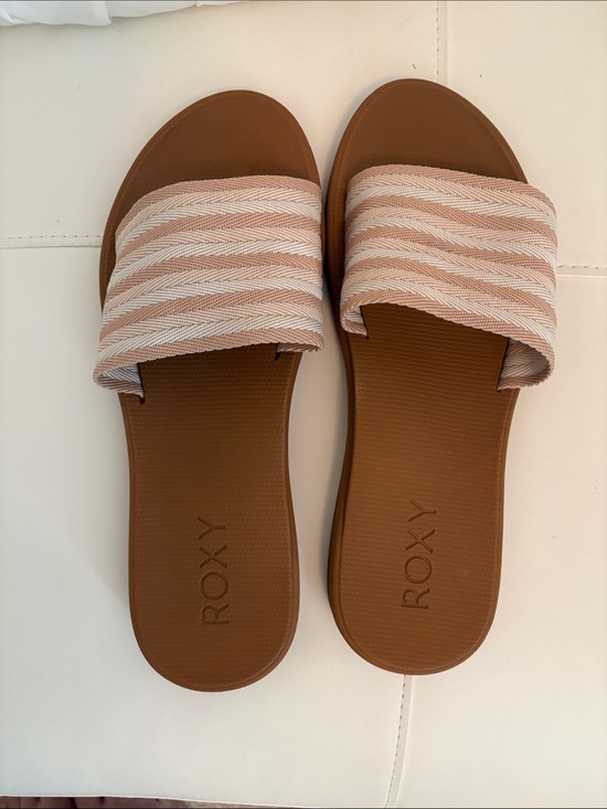 Roxy Shoes - Roxy Slide Sandals in Tan with Stripe Strap-Size 10